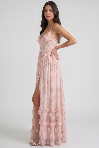 Women's Floral Corset Maxi Dress Ruffled High Slit Romantic Wedding Guest Summer Dress