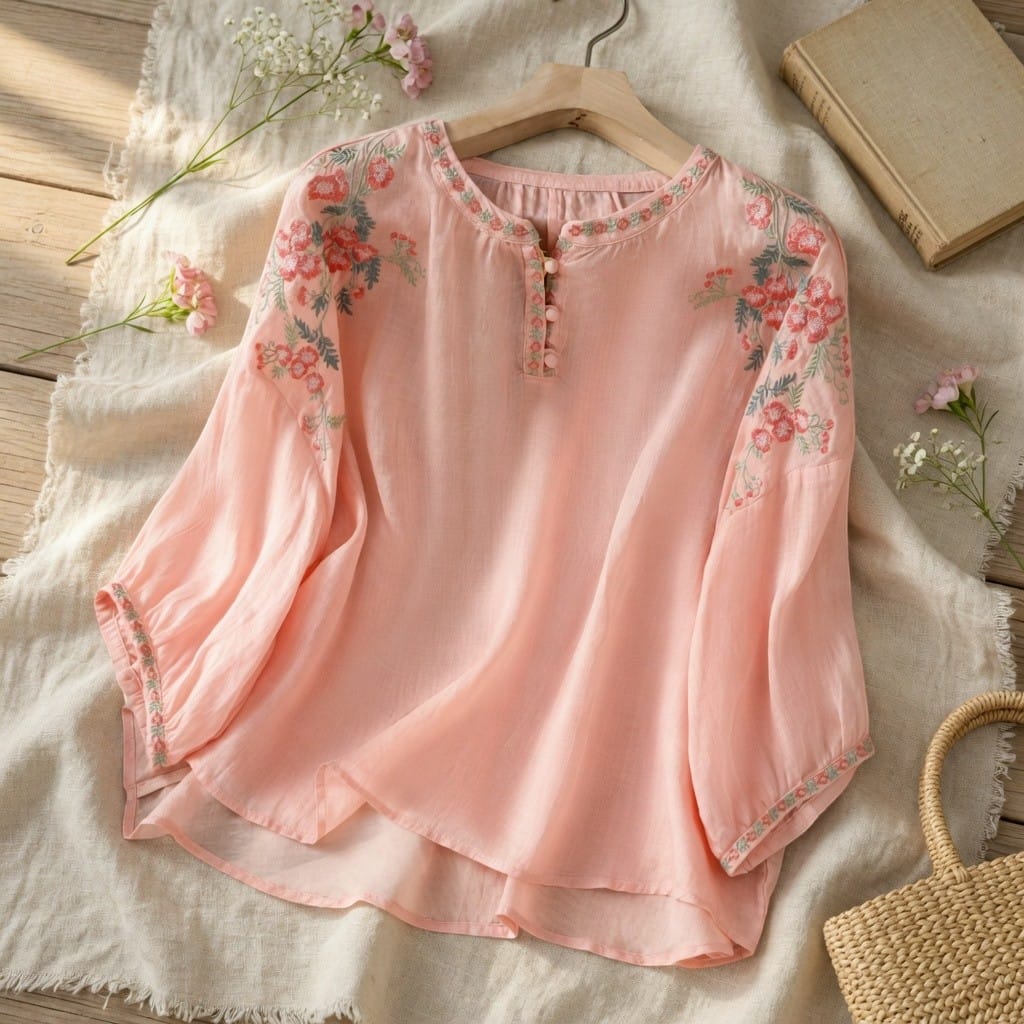 Women's Floral Embroidered Blouse Lightweight Loose Fit Long Sleeve Boho Summer Top - Seldom Seen Styles