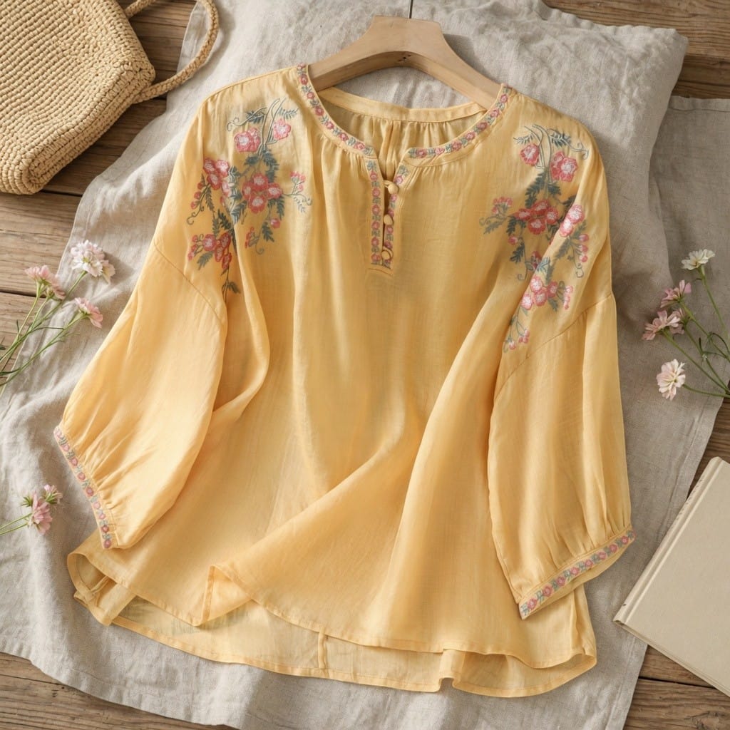 Women's Floral Embroidered Blouse Lightweight Loose Fit Long Sleeve Boho Summer Top - Seldom Seen Styles