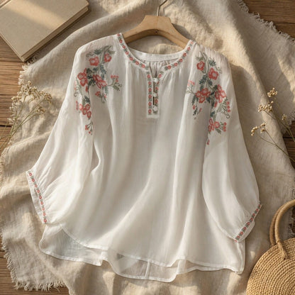 Women's Floral Embroidered Blouse Lightweight Loose Fit Long Sleeve Boho Summer Top