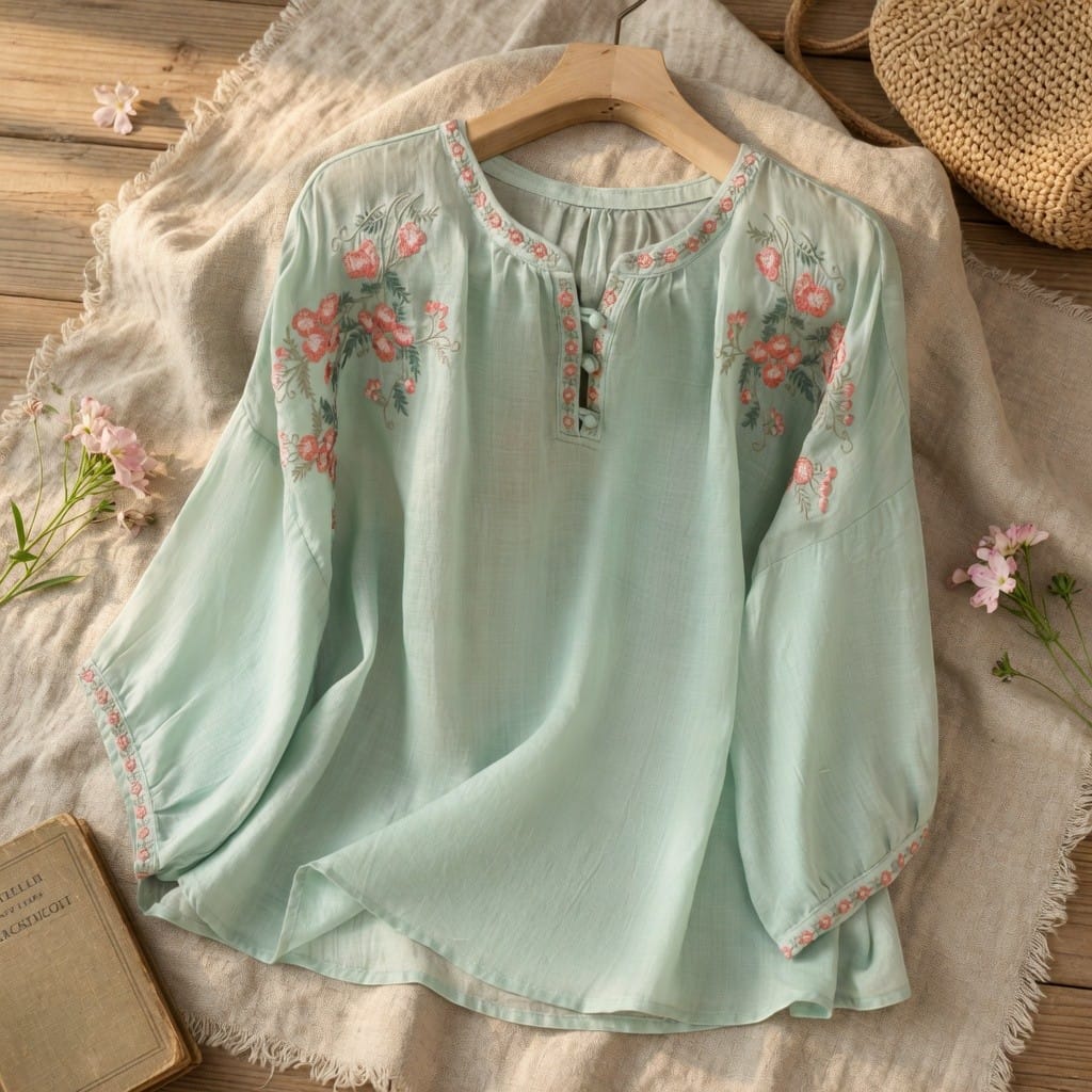 Women's Floral Embroidered Blouse Lightweight Loose Fit Long Sleeve Boho Summer Top - Seldom Seen Styles