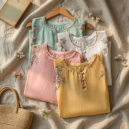 Women's Floral Embroidered Blouse Lightweight Loose Fit Long Sleeve Boho Summer Top