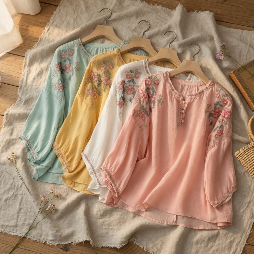 Women's Floral Embroidered Blouse Lightweight Loose Fit Long Sleeve Boho Summer Top - Seldom Seen Styles