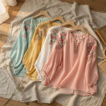 Women's Floral Embroidered Blouse Lightweight Loose Fit Long Sleeve Boho Summer Top