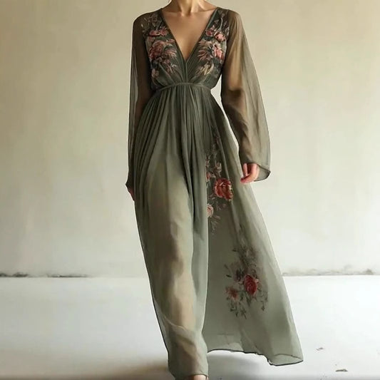 Women's Floral Embroidered Maxi Dress Deep V Neck Long Sleeve Boho Evening Dress Elegant A Line Formal Gown - Seldom Seen Styles