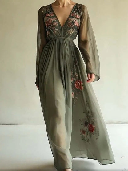 Women's Floral Embroidered Maxi Dress Deep V Neck Long Sleeve Boho Evening Dress Elegant A Line Formal Gown