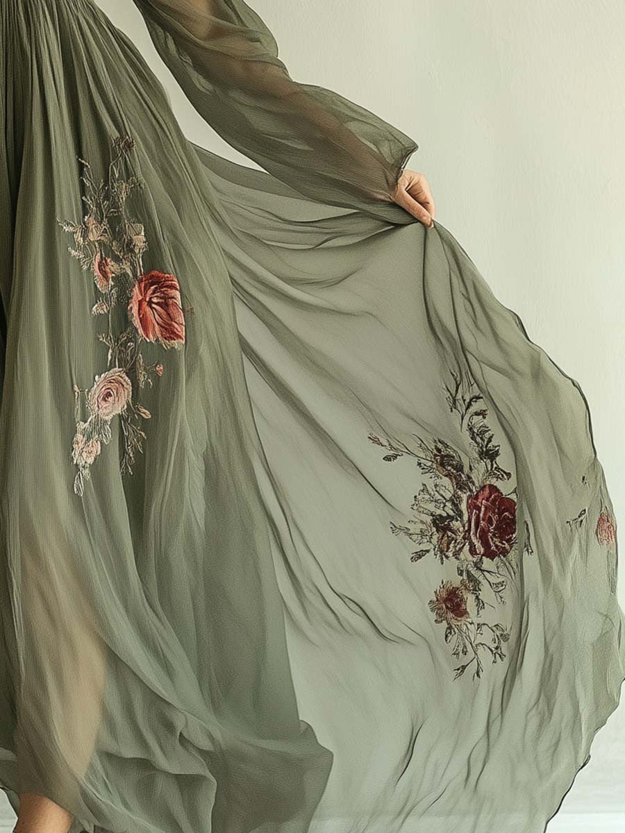 Women's Floral Embroidered Maxi Dress Deep V Neck Long Sleeve Boho Evening Dress Elegant A Line Formal Gown - Seldom Seen Styles