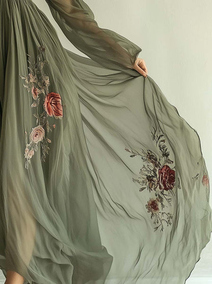Women's Floral Embroidered Maxi Dress Deep V Neck Long Sleeve Boho Evening Dress Elegant A Line Formal Gown
