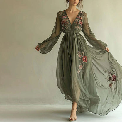 Women's Floral Embroidered Maxi Dress Deep V Neck Long Sleeve Boho Evening Dress Elegant A Line Formal Gown