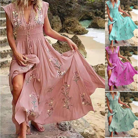 Women's Floral Embroidered Maxi Dress V Neck Boho Dress Smocked Waist Beach Vacation Resort Dress - Seldom Seen Styles