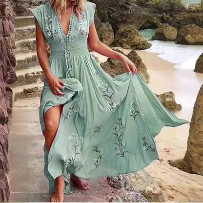 Women's Floral Embroidered Maxi Dress V Neck Boho Dress Smocked Waist Beach Vacation Resort Dress