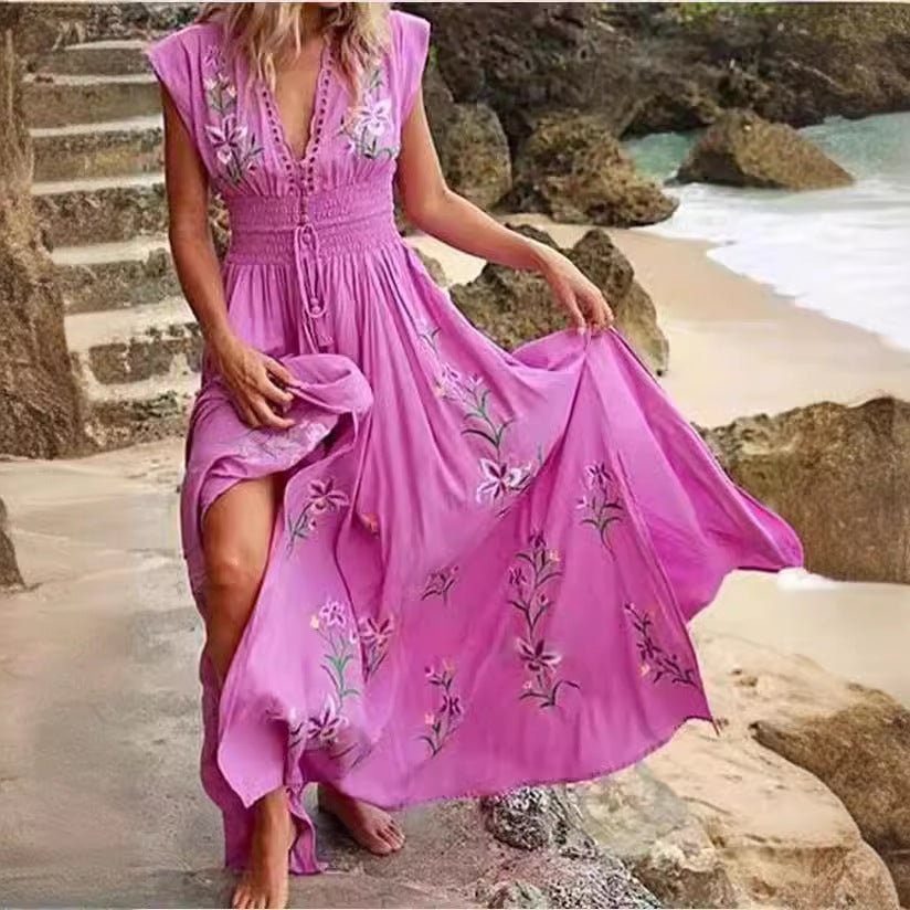 Women's Floral Embroidered Maxi Dress V Neck Boho Dress Smocked Waist Beach Vacation Resort Dress - Seldom Seen Styles