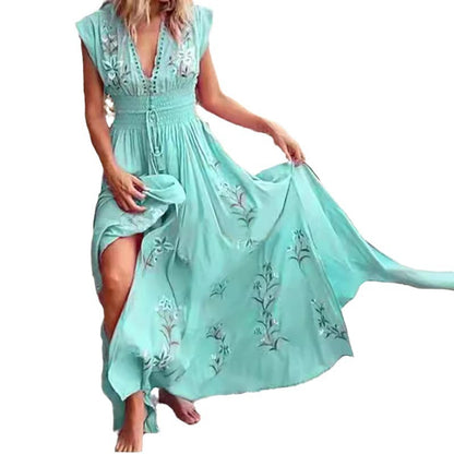 Women's Floral Embroidered Maxi Dress V Neck Boho Dress Smocked Waist Beach Vacation Resort Dress