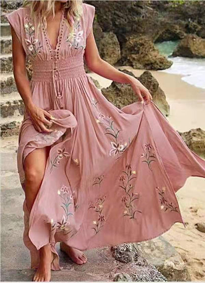 Women's Floral Embroidered Maxi Dress V Neck Boho Dress Smocked Waist Beach Vacation Resort Dress