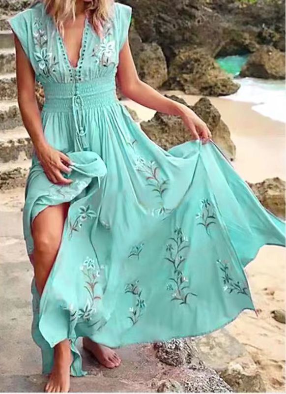 Women's Floral Embroidered Maxi Dress V Neck Boho Dress Smocked Waist Beach Vacation Resort Dress - Seldom Seen Styles