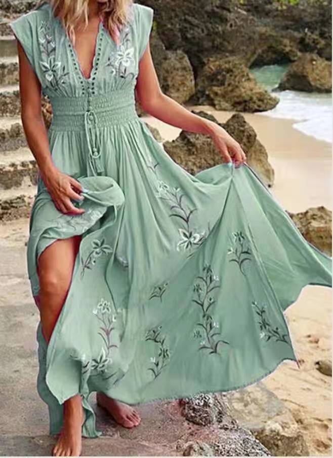 Women's Floral Embroidered Maxi Dress V Neck Boho Dress Smocked Waist Beach Vacation Resort Dress - Seldom Seen Styles