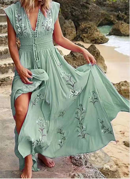 Women's Floral Embroidered Maxi Dress V Neck Boho Dress Smocked Waist Beach Vacation Resort Dress