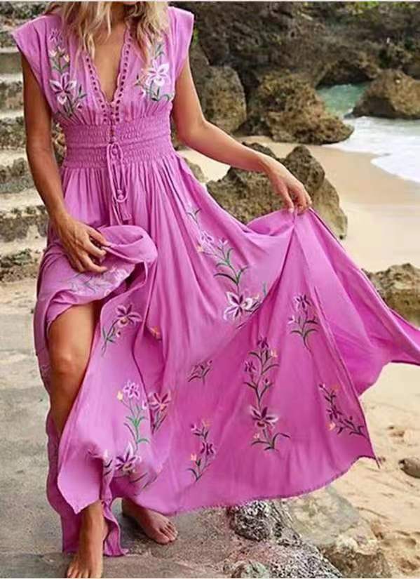 Women's Floral Embroidered Maxi Dress V Neck Boho Dress Smocked Waist Beach Vacation Resort Dress - Seldom Seen Styles
