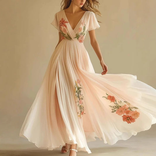 Women's Floral Embroidered Maxi Dress V Neck Chiffon Evening Gown Elegant Wedding Guest Formal Party Dress - Seldom Seen Styles