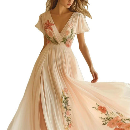 Women's Floral Embroidered Maxi Dress V Neck Chiffon Evening Gown Elegant Wedding Guest Formal Party Dress