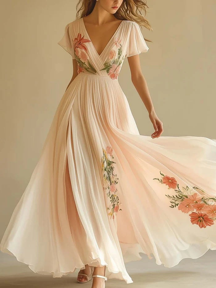 Women's Floral Embroidered Maxi Dress V Neck Chiffon Evening Gown Elegant Wedding Guest Formal Party Dress - Seldom Seen Styles