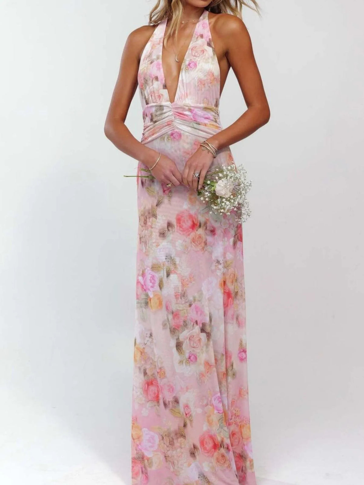 Women's Floral Halter Maxi Dress Deep V Backless Summer Dress - Seldom Seen Styles
