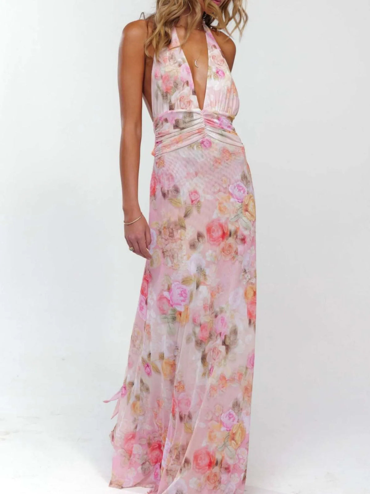 Women's Floral Halter Maxi Dress Deep V Backless Summer Dress - Seldom Seen Styles
