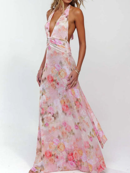 Robe longue dos nu fleurie à décolleté plongeant