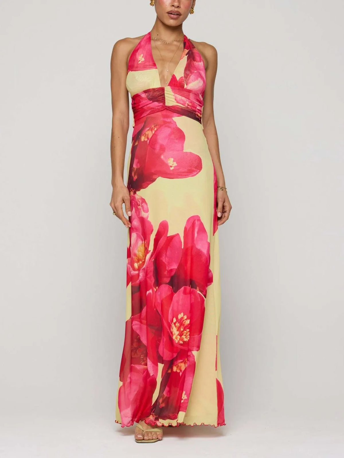 Women's Floral Halter Maxi Dress Deep V Backless Summer Dress - Seldom Seen Styles