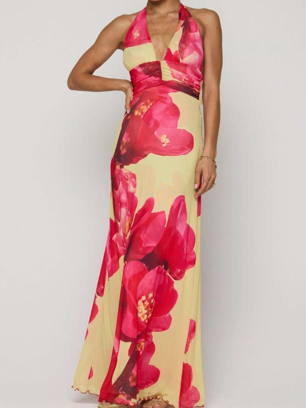 Women's Floral Halter Maxi Dress Deep V Backless Summer Dress - Seldom Seen Styles