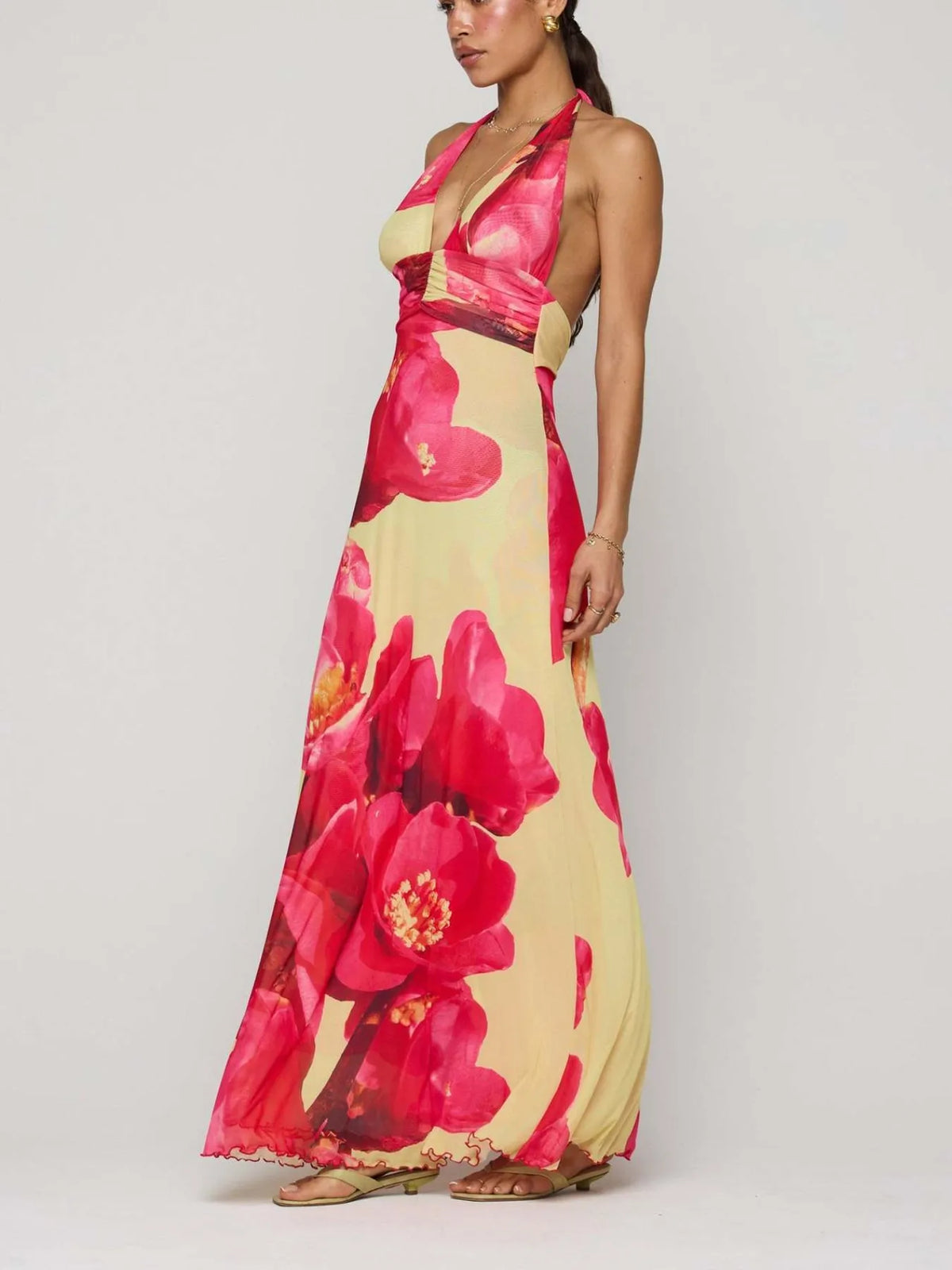 Women's Floral Halter Maxi Dress Deep V Backless Summer Dress - Seldom Seen Styles