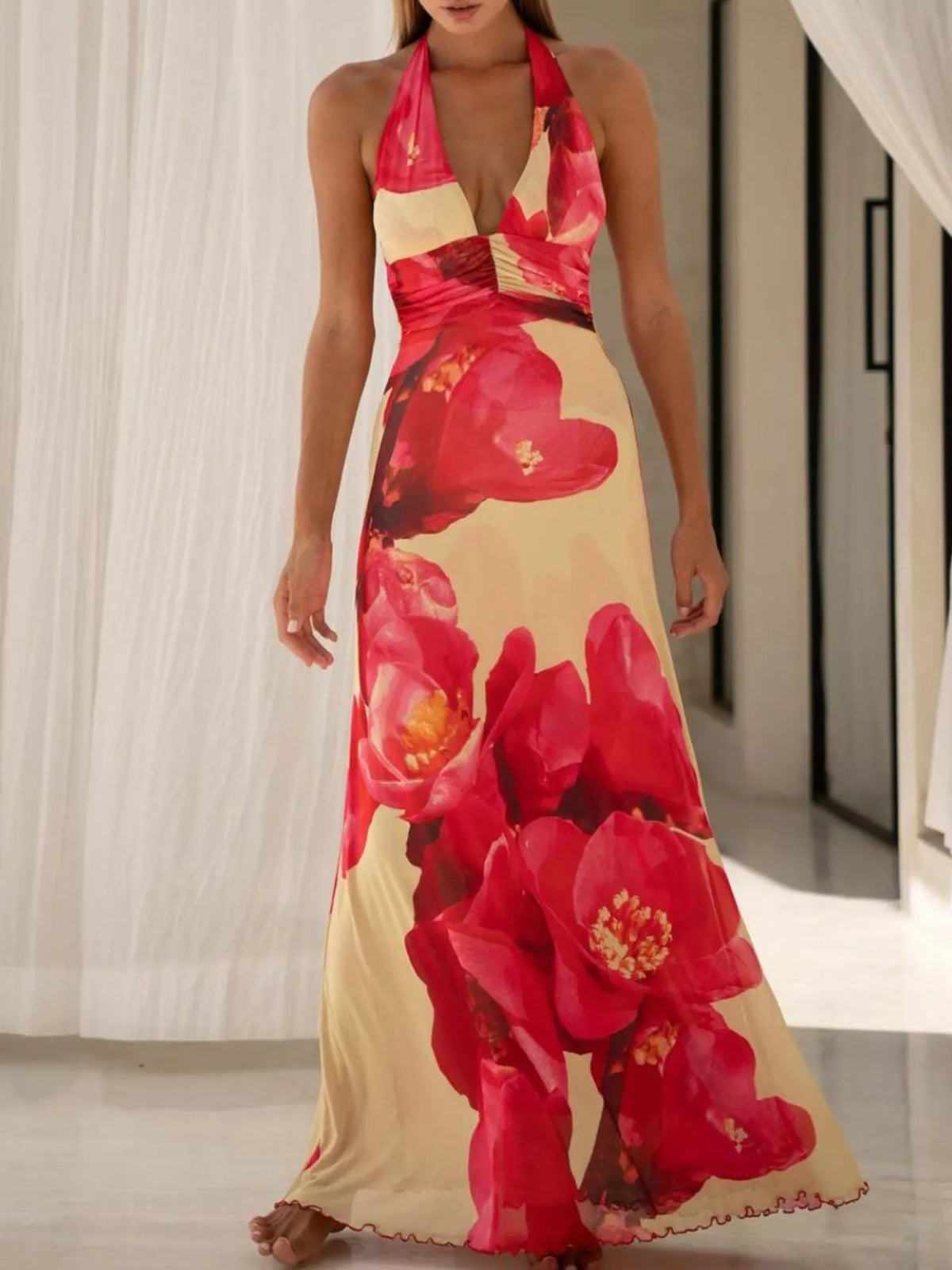 Women's Floral Halter Maxi Dress Deep V Backless Summer Dress - Seldom Seen Styles