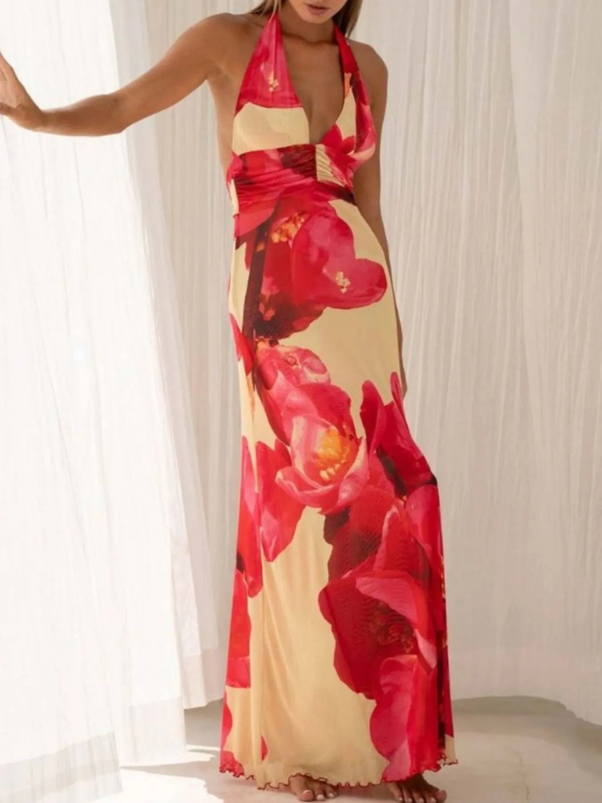 Women's Floral Halter Maxi Dress Deep V Backless Summer Dress - Seldom Seen Styles
