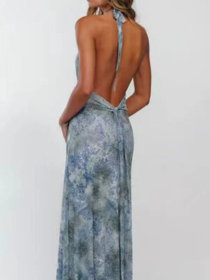 Robe longue dos nu fleurie à décolleté plongeant