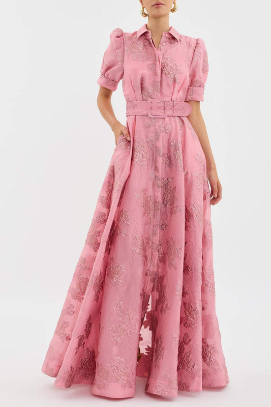 Women's Floral Jacquard Maxi – Belted Shirt Collar Puff Sleeve Wedding Guest Dress - Seldom Seen Styles