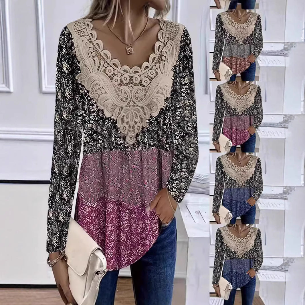 Women's Floral Lace V Neck Blouse Long Sleeve Casual Tunic Top Boho Crochet Patchwork Shirt - Seldom Seen Styles