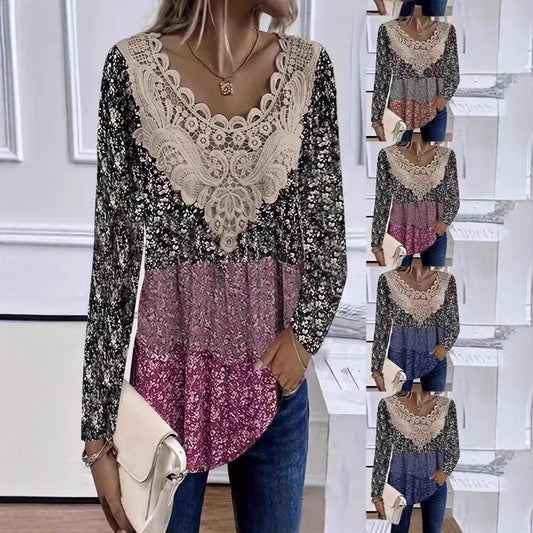 Women's Floral Lace V Neck Blouse Long Sleeve Casual Tunic Top Boho Crochet Patchwork Shirt - Seldom Seen Styles