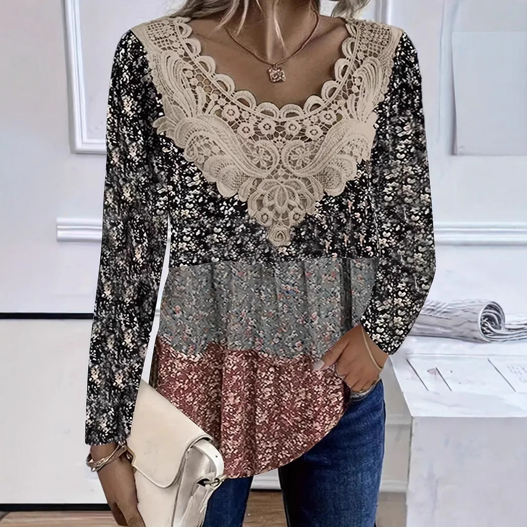 Women's Floral Lace V Neck Blouse Long Sleeve Casual Tunic Top Boho Crochet Patchwork Shirt - Seldom Seen Styles