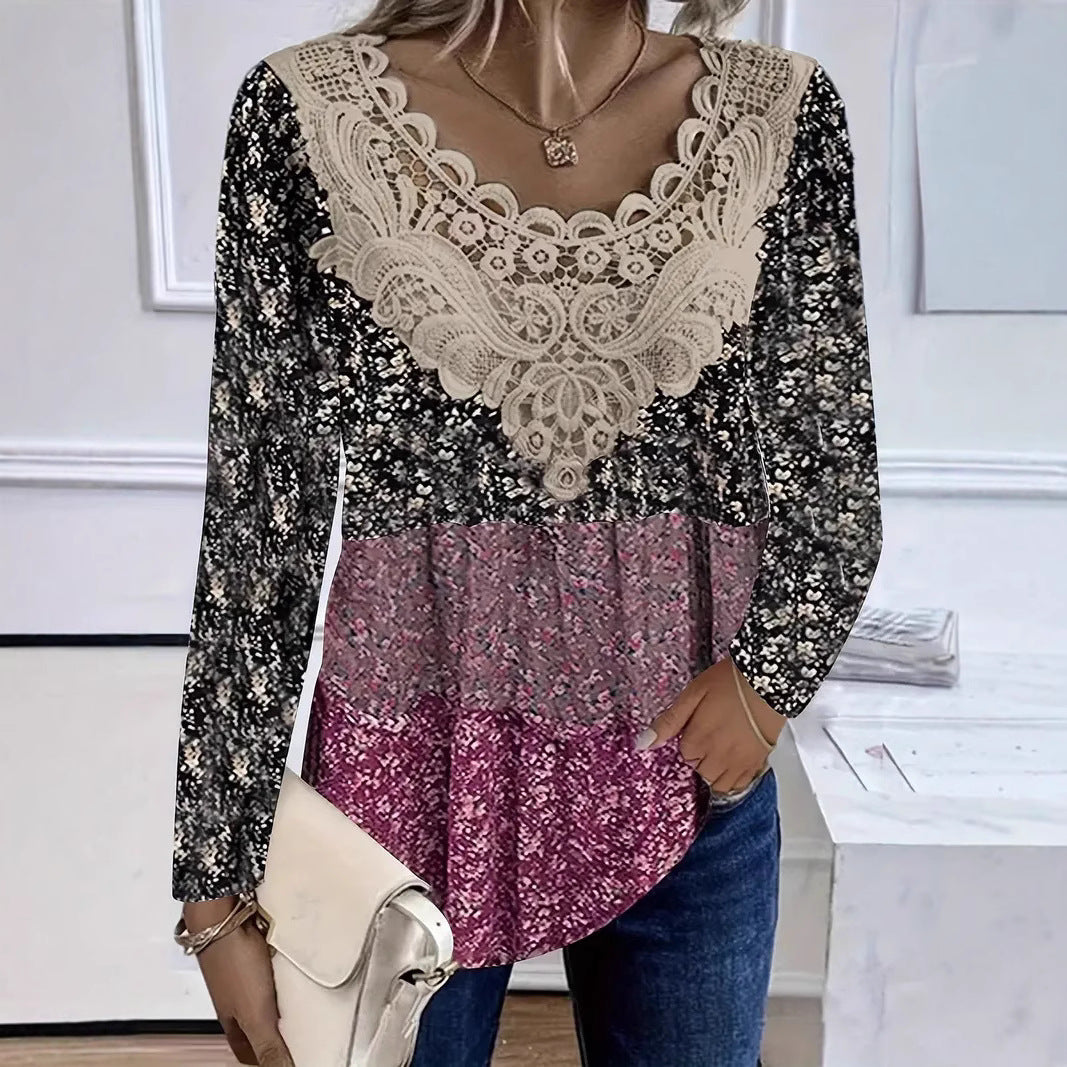 Women's Floral Lace V Neck Blouse Long Sleeve Casual Tunic Top Boho Crochet Patchwork Shirt - Seldom Seen Styles