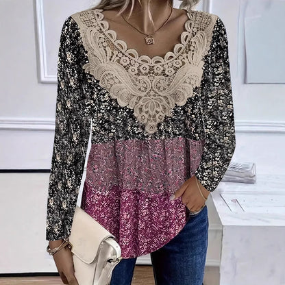 Women's Floral Lace V Neck Blouse Long Sleeve Casual Tunic Top Boho Crochet Patchwork Shirt