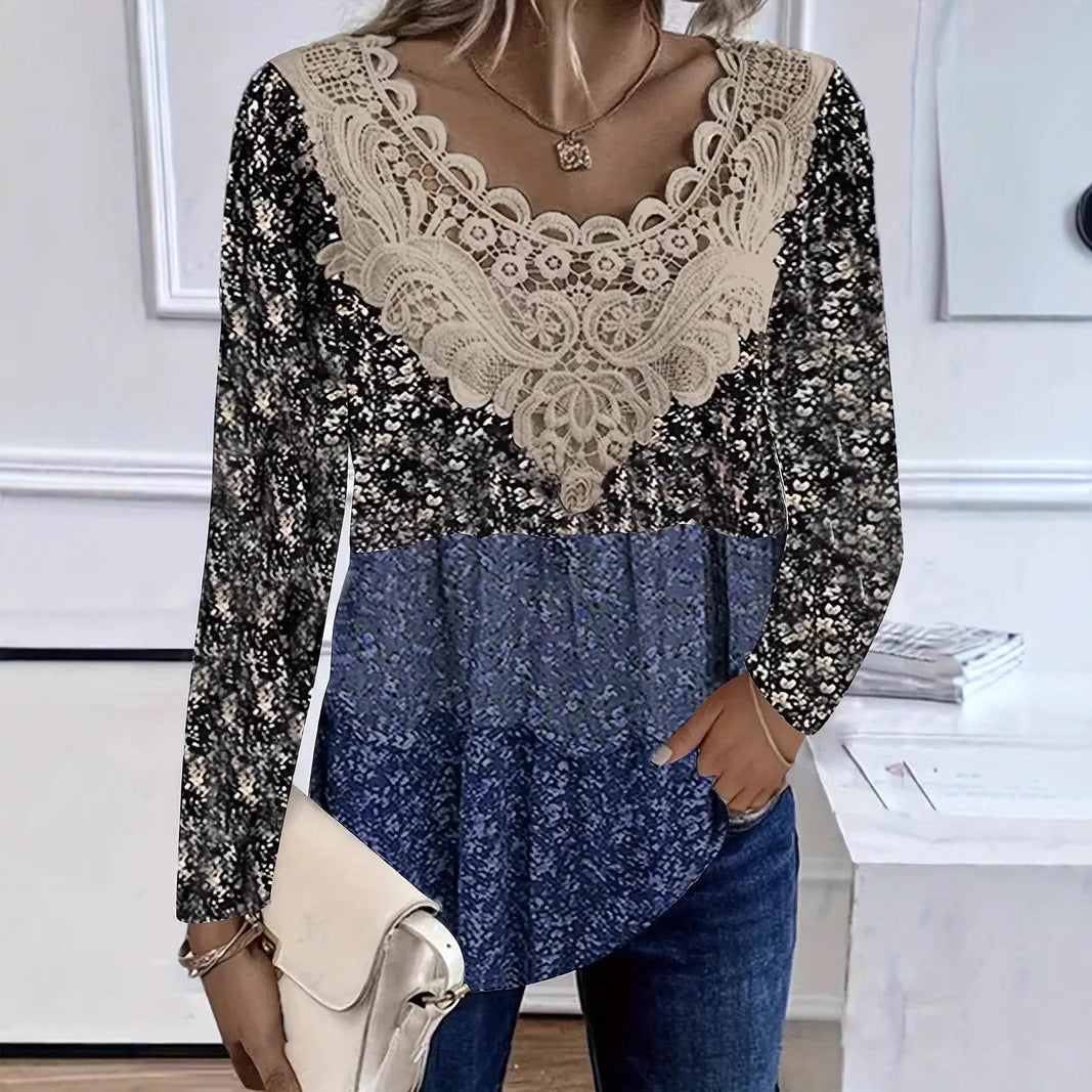 Women's Floral Lace V Neck Blouse Long Sleeve Casual Tunic Top Boho Crochet Patchwork Shirt - Seldom Seen Styles