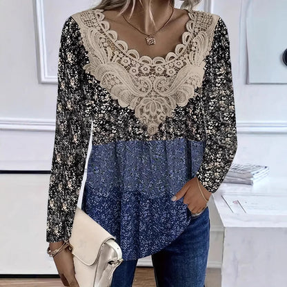 Women's Floral Lace V Neck Blouse Long Sleeve Casual Tunic Top Boho Crochet Patchwork Shirt