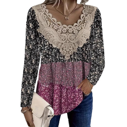 Women's Floral Lace V Neck Blouse Long Sleeve Casual Tunic Top Boho Crochet Patchwork Shirt