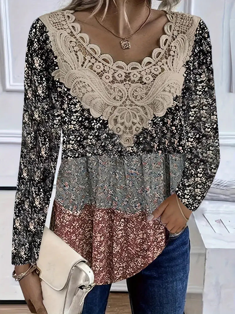 Women's Floral Lace V Neck Blouse Long Sleeve Casual Tunic Top Boho Crochet Patchwork Shirt - Seldom Seen Styles
