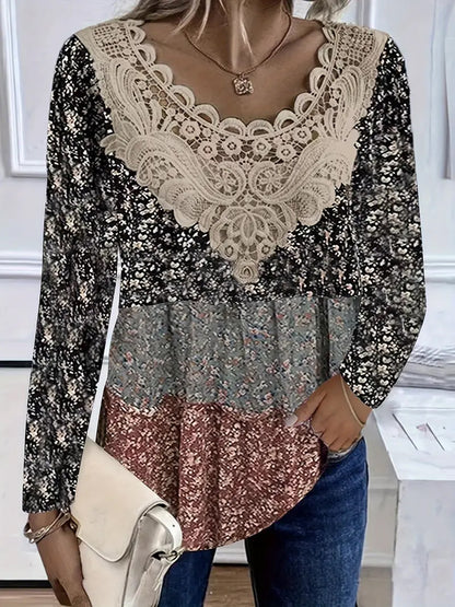 Women's Floral Lace V Neck Blouse Long Sleeve Casual Tunic Top Boho Crochet Patchwork Shirt