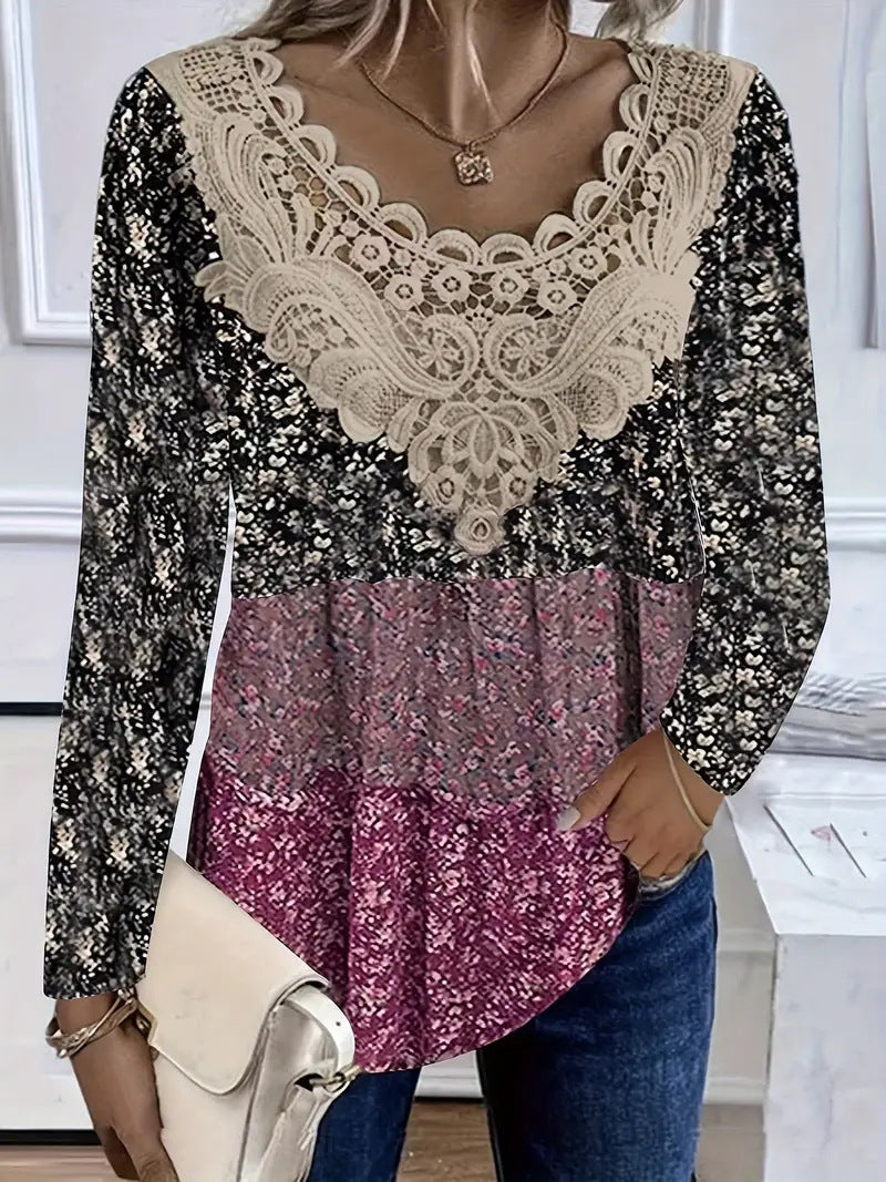 Women's Floral Lace V Neck Blouse Long Sleeve Casual Tunic Top Boho Crochet Patchwork Shirt - Seldom Seen Styles