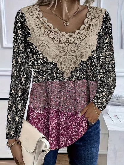 Women's Floral Lace V Neck Blouse Long Sleeve Casual Tunic Top Boho Crochet Patchwork Shirt