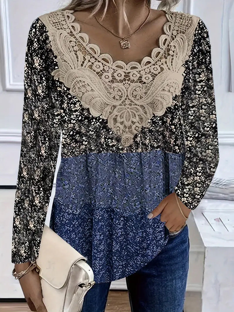 Women's Floral Lace V Neck Blouse Long Sleeve Casual Tunic Top Boho Crochet Patchwork Shirt - Seldom Seen Styles