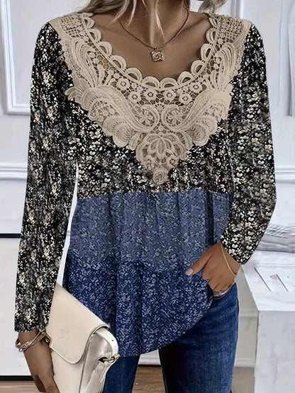 Women's Floral Lace V Neck Blouse Long Sleeve Casual Tunic Top Boho Crochet Patchwork Shirt