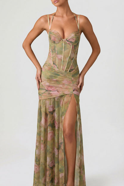 Women's Floral Maxi Dress | Elegant Halter Corset Evening & Wedding Guest Dress